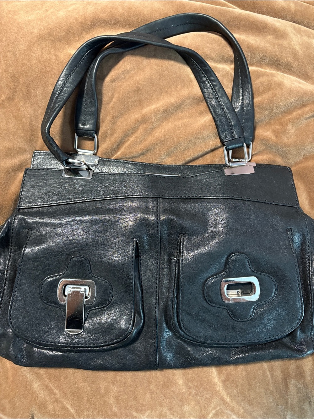 Classic Black Leather Shoulder Bag with Front Buckle Pockets